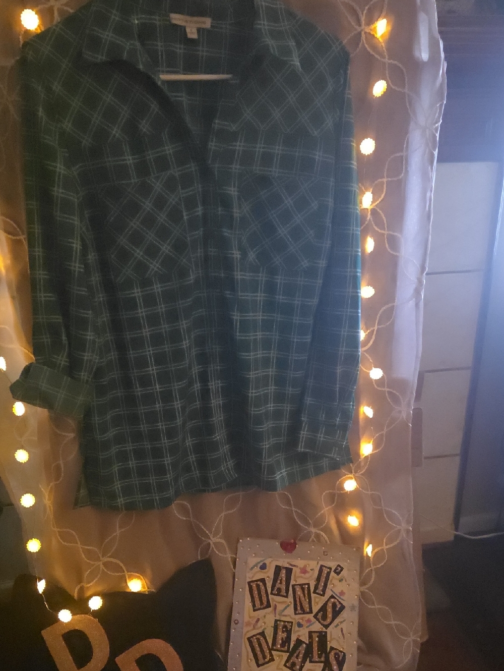 Notations Green & White Plaid Button-Down Shirt W/roll-tab Sleeves